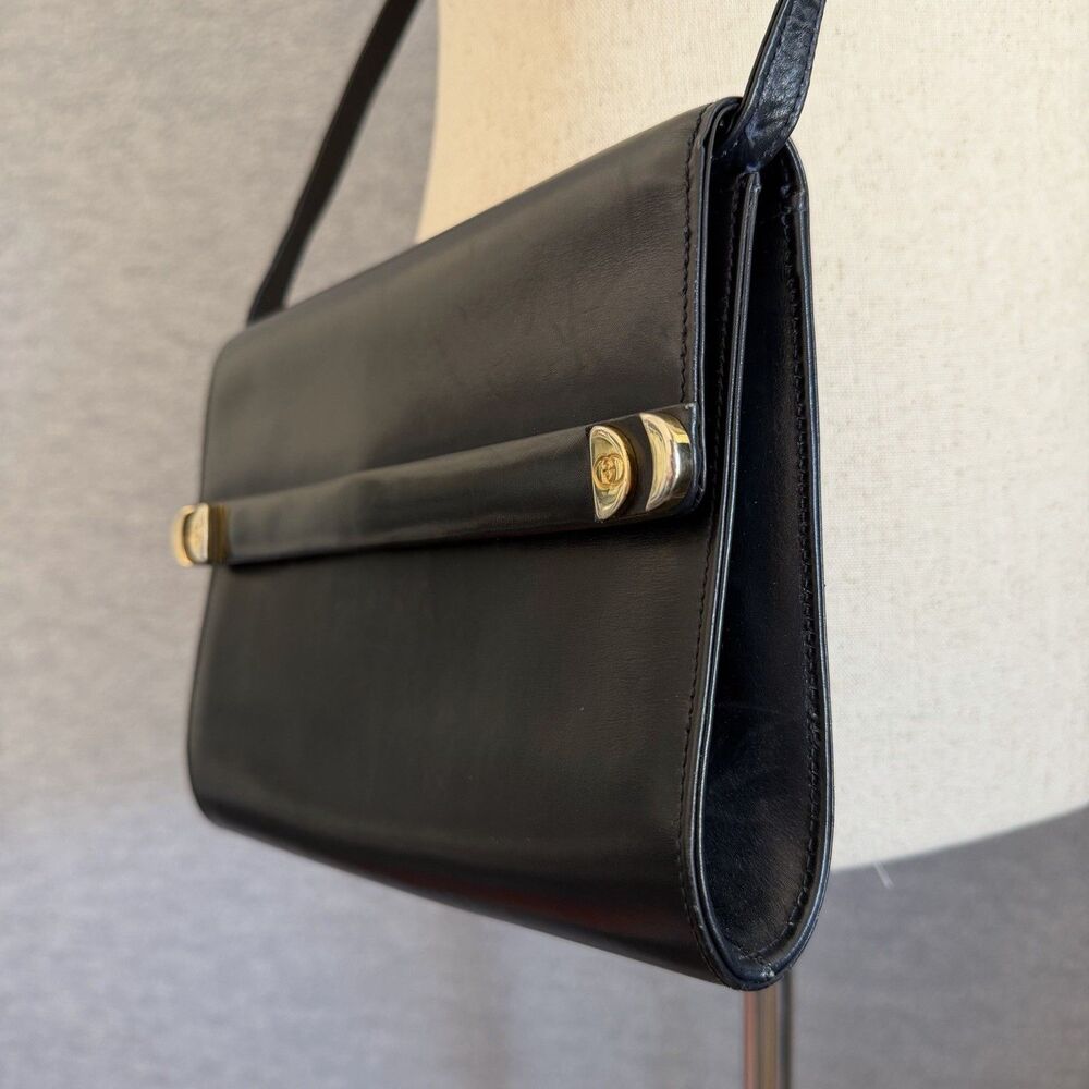 Gucci Vintage Crossbody Clutch Bag Solid Black Leather Minimalist Old Money Logo - Picture 3 of 11